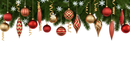 Festive christmas garland with red and gold ornaments, snowflakes, and curly ribbons, isolated on transparent background