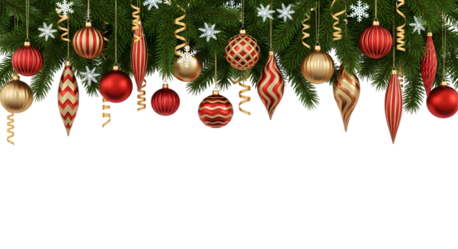 Festive christmas garland with red and gold ornaments, snowflakes, and curly ribbons, isolated on transparent background