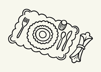 Hand drawn place setting. Outline illustration of a table setting with napkin, glass, plates and cutlery. Vector illustration of doodle table setting.