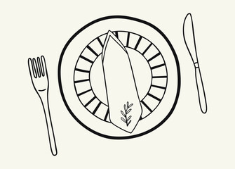 Minimalist black and white table setting. Outline place setting with napkin on plate, fork and knife. Line art vector illustration.