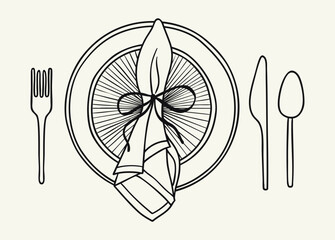 Elegant table setting illustration. Black and white outline place setting with napkin on plate, fork, spoon and knife. Line art vector illustration.