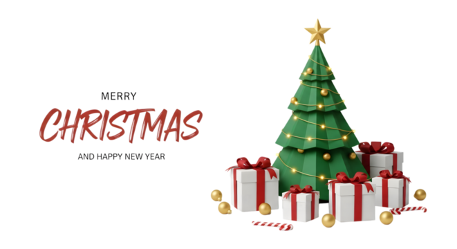 Merry christmas and happy new year greeting with a decorated christmas tree and gift boxes, isolated on transparent background