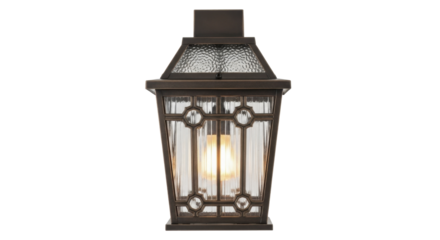 Elegant glowing outdoor wall lantern sconce with textured glass and metal frame on a transparent background PNG image