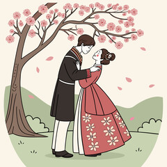 Couple in traditional korean attire under a blooming cherry tree