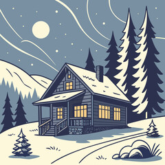 Fototapeta premium Cozy cabin in a snowy winter landscape under a full moon
