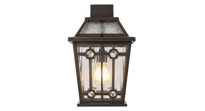Elegant glowing outdoor wall lantern sconce with textured glass and metal frame on a transparent background PNG image