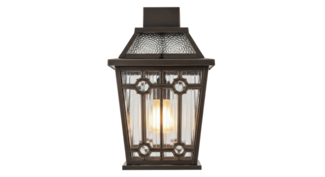 Elegant glowing outdoor wall lantern sconce with textured glass and metal frame on a transparent background PNG image
