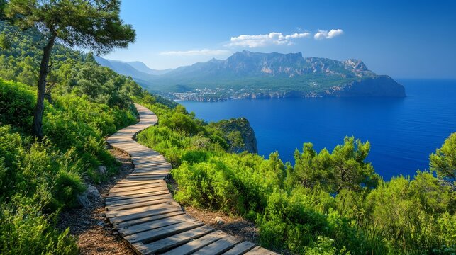 Scenic coastal hiking trail winding through lush greenery, overlooking turquoise water and mountains