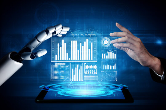 This image illustrates a futuristic collaboration between human and robot hands, showcasing advanced digital interfaces for marketing planning and data analysis. Impute