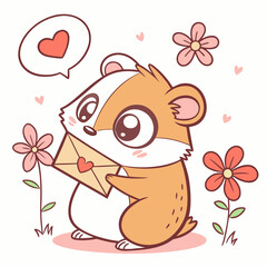 Cute hamster holding a love letter surrounded by flowers