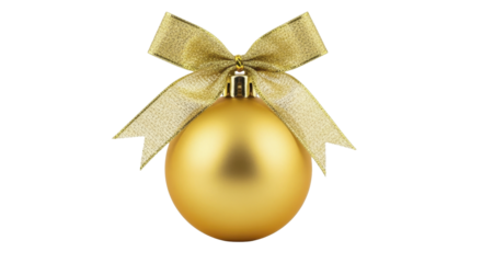 Shiny golden Christmas ornament bauble with festive glitter bow on transparent background PNG image