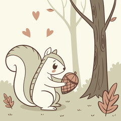 Cute squirrel holding an acorn in a forest setting