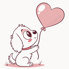 Cute white puppy holding a pink heart balloon with big eyes