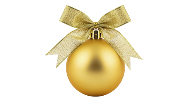 Shiny golden Christmas ornament bauble with festive glitter bow on transparent background PNG image