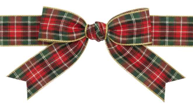  Festive plaid bow in red and green with gold trim on a transparent background PNG image for New Year and holidays