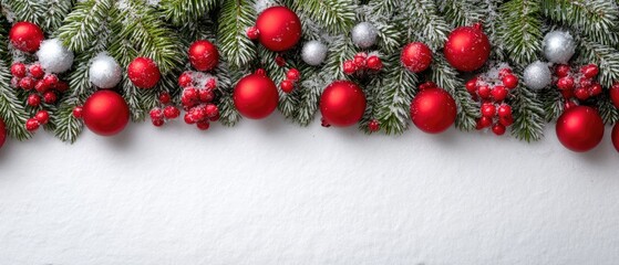 Colorful ornaments in red and silver adorn snow-dusted evergreen branches, creating a joyful scene for winter festivities