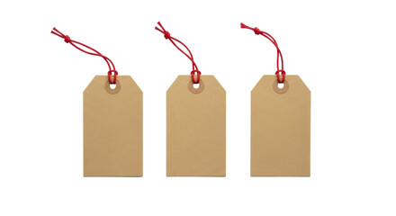  Three blank kraft paper gift tags with red string for new year celebration on a transparent background PNG file