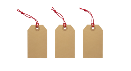 Three blank kraft paper gift tags with red string for new year celebration on a transparent background PNG file