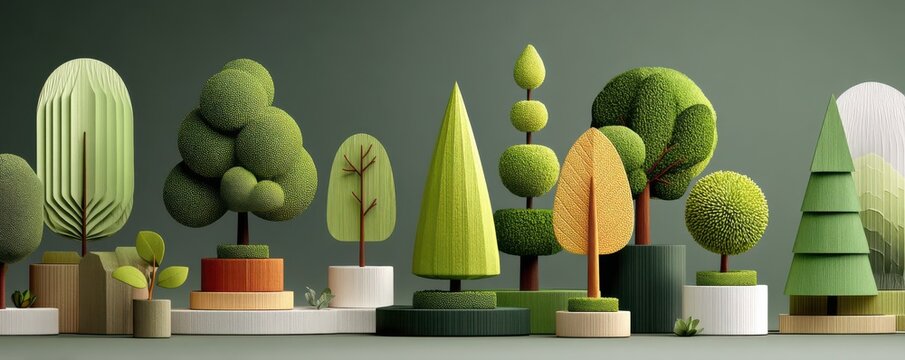 Minimalist green trees and wooden planters create a calm abstract garden display