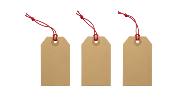  Three blank kraft paper gift tags with red string for new year celebration on a transparent background PNG file - Powered by Adobe