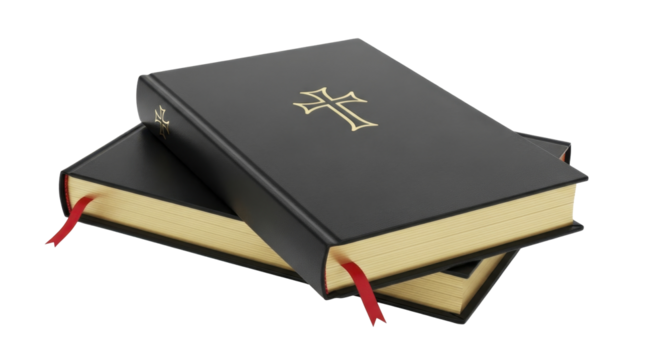New Year spiritual contemplation with two Bibles and golden cross on transparent background PNG image