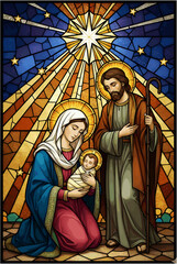 Nativity Stained Glass Illustration with Virgin Mary Saint Joseph and Baby Jesus under Bethlehem Star Religious Christian Artwork Holy Family Scene
