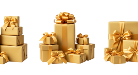 A collection of golden gift boxes with ribbons, isolated on transparent background