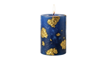 Lit blue pillar candle with gold flakes on a transparent background PNG image