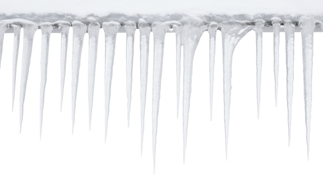 Winter Icicles with Fresh White Snow on a Transparent Background, PNG Image. Sharp Frozen Ice Formation on a PNG File.