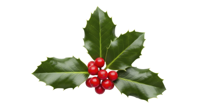 Fresh vibrant green holly leaves with red berries on a transparent background PNG image for New Year