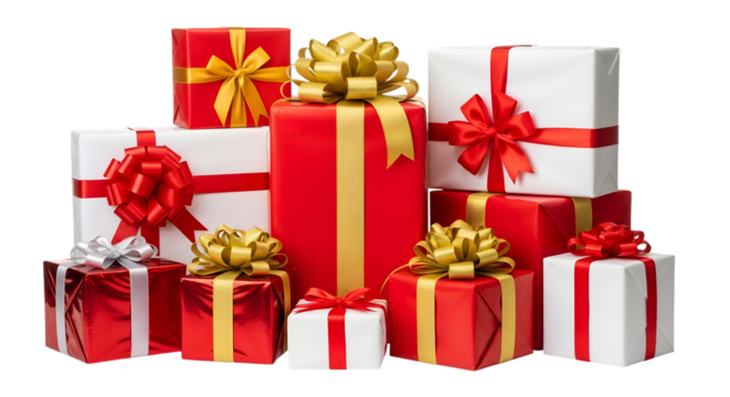 Stack of red and white gift boxes with gold and red ribbon bows, isolated on transparent background