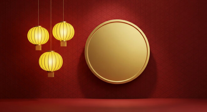 Three yellow lantern hang near gold circle mockup on geometric red background, symbolizing celebration and festive elegance, perfect for Asian theme