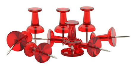 Cluster of transpatent red pushpins for office or school use on a white background