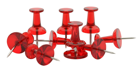 Cluster of transpatent red pushpins for office or school use on a white background