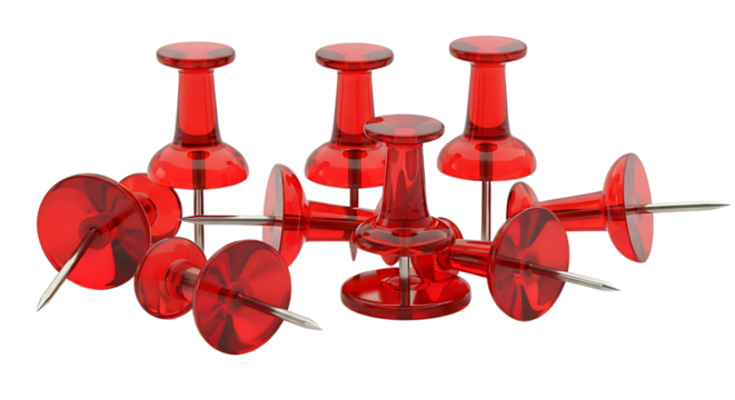 Cluster of transpatent red pushpins for office or school use on a white background