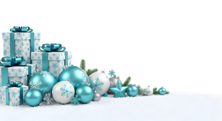 Stack of light blue and white patterned gift boxes with teal ribbon bows, surrounded by teal and white christmas ornaments and pine branches on snow, isolated on transparent background