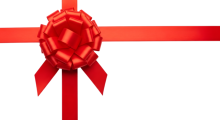 Closeup of a bright red ribbon and a large red gift bow on a transparent background