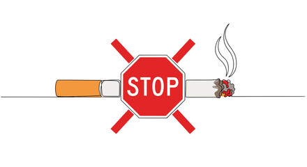 Cigarette with stop sign single line drawing filled with red, cautionary mood, no smoking and healthy lungs concept, with copy space
