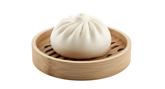 Freshly steamed Asian baozi, a delicious fluffy bun served in a traditional bamboo basket, ready to eat