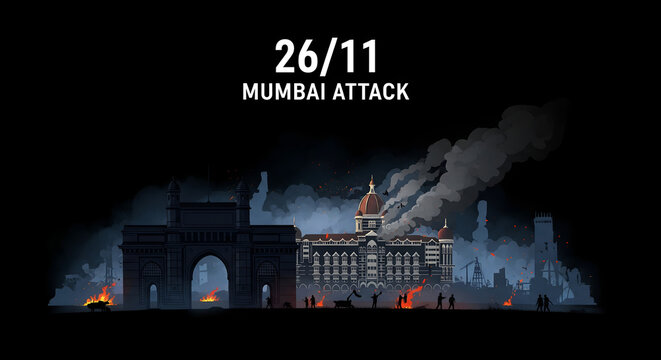 Dramatic Mumbai Terror Attack Memorial with Burning Cityscape
