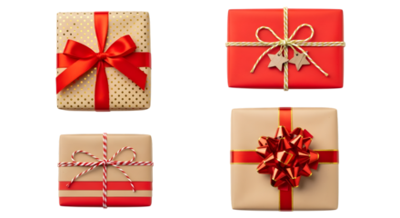Four different giftwrapped presents with red ribbons and bows, isolated on transparent background