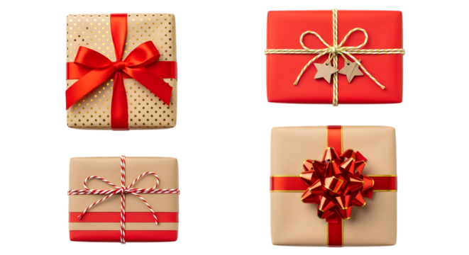 Four different giftwrapped presents with red ribbons and bows, isolated on transparent background