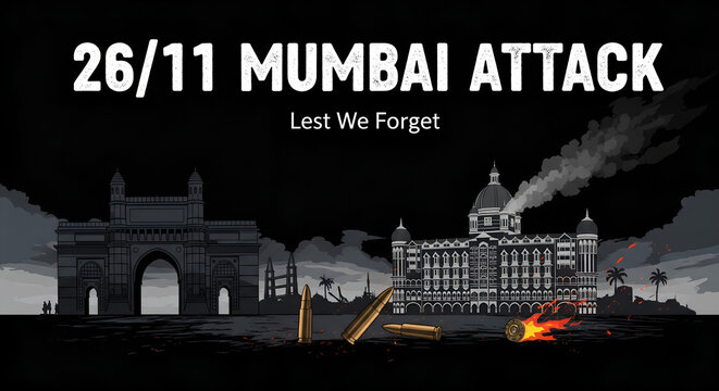 26/11 Mumbai Attack Memorial with Bullets and Taj Hotel Silhouette