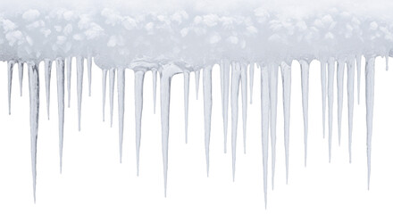Crystal clear sharp icicles hanging from white snow formation on a transparent background PNG image for winter holidays