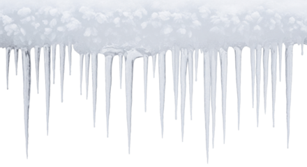 Crystal clear sharp icicles hanging from white snow formation on a transparent background PNG image for winter holidays