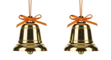 Two golden bells with orange ribbon bows on a transparent background PNG image for New Year celebration