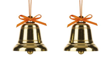 Two golden bells with orange ribbon bows on a transparent background PNG image for New Year celebration