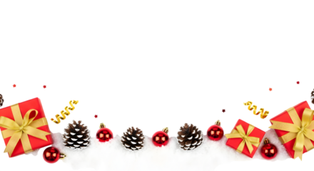 Festive christmas border with red gift boxes, pine cones, and baubles isolated on transparent background