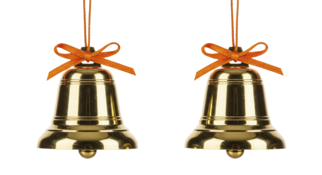 Two golden bells with orange ribbon bows on a transparent background PNG image for New Year celebration