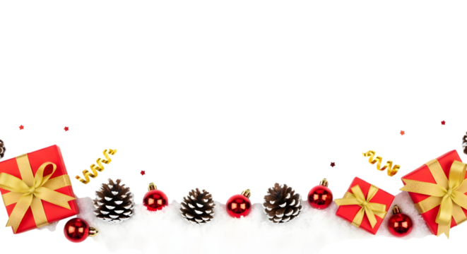 Festive christmas border with red gift boxes, pine cones, and baubles isolated on transparent background